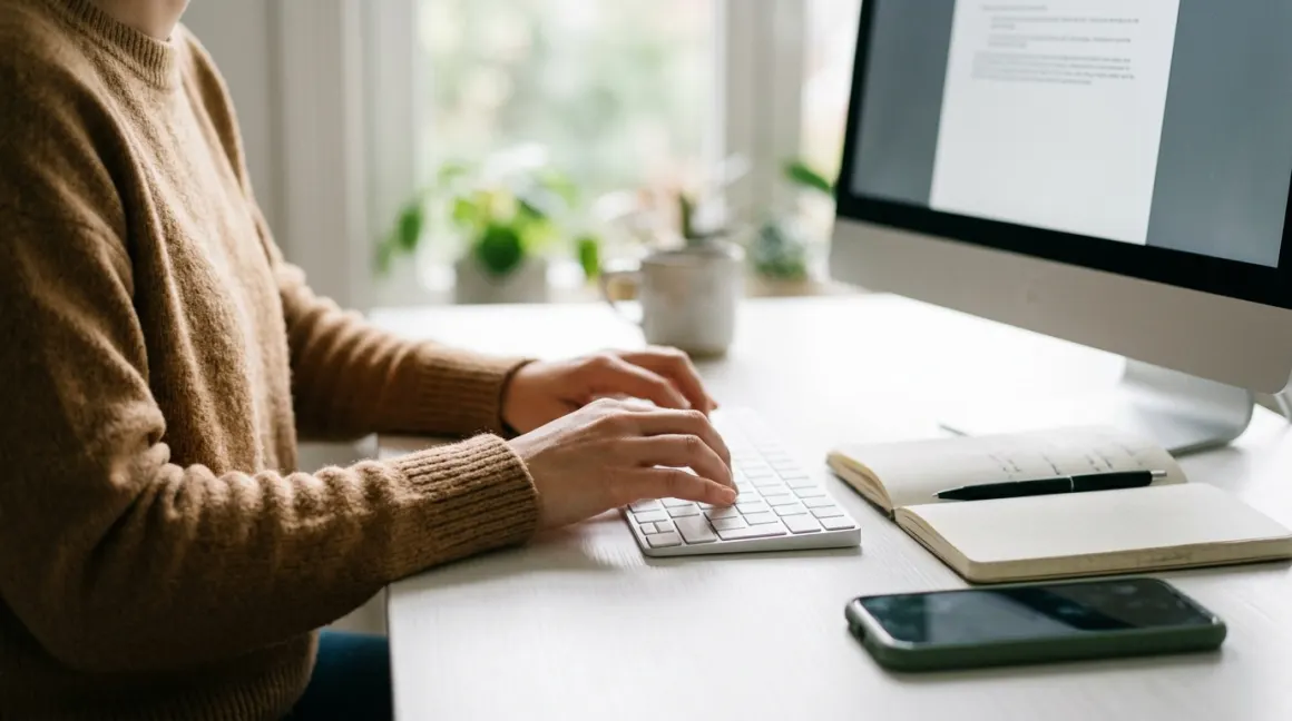 A woman in a camel sweater typing at a white desk with a desktop monitor