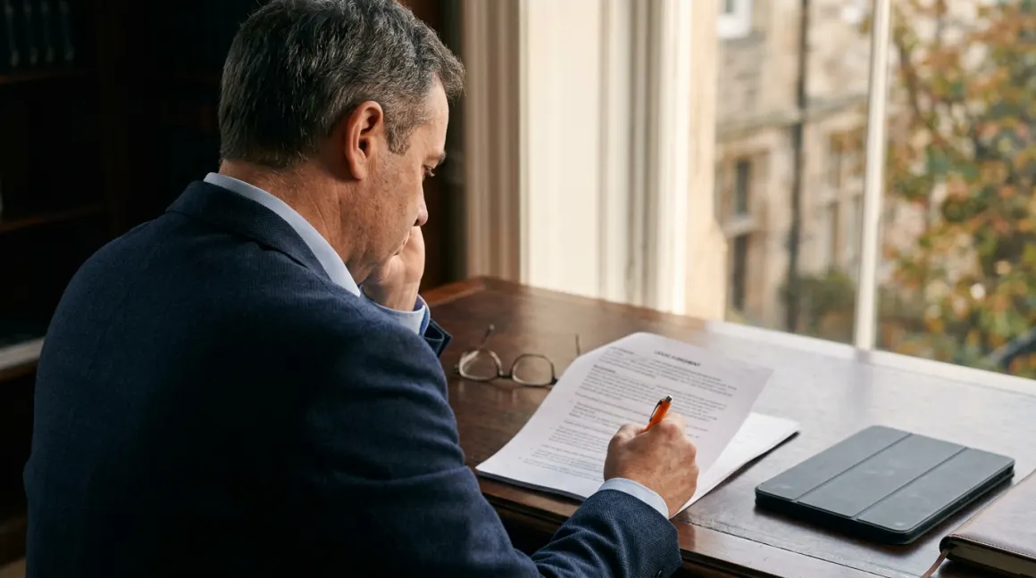 An attorney in a navy suit marking up a printed lease at a dark wood desk