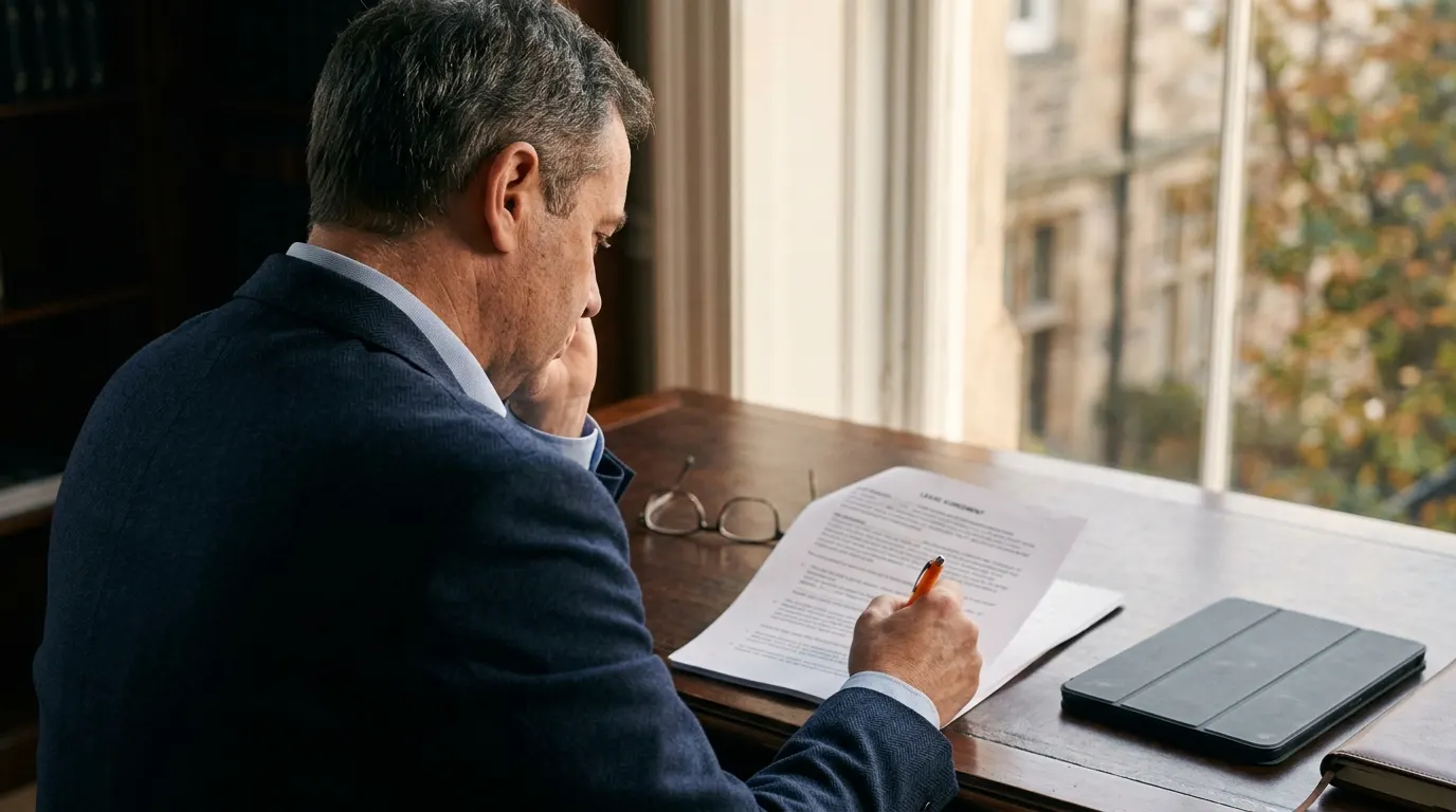 An attorney in a navy suit marking up a printed lease at a dark wood desk