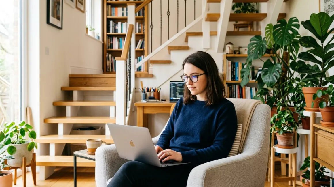 A young woman with glasses working on a laptop in a bright home office