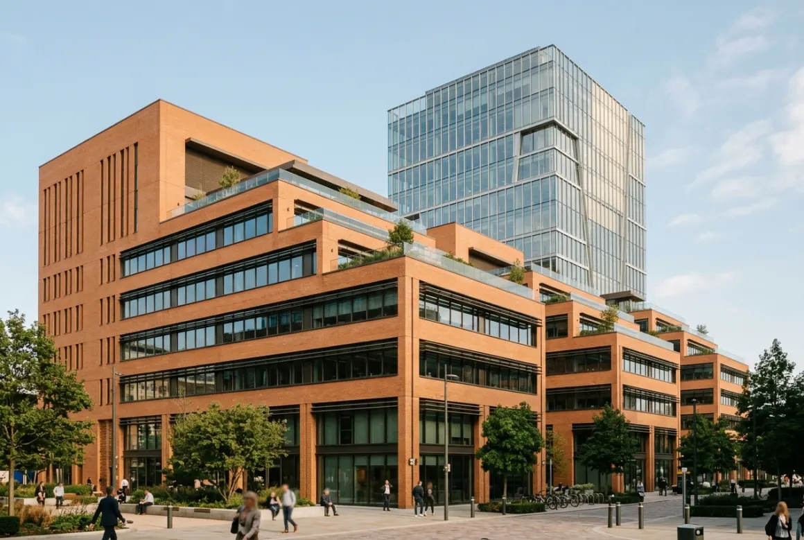 Terracotta brick office buildings with a glass tower behind