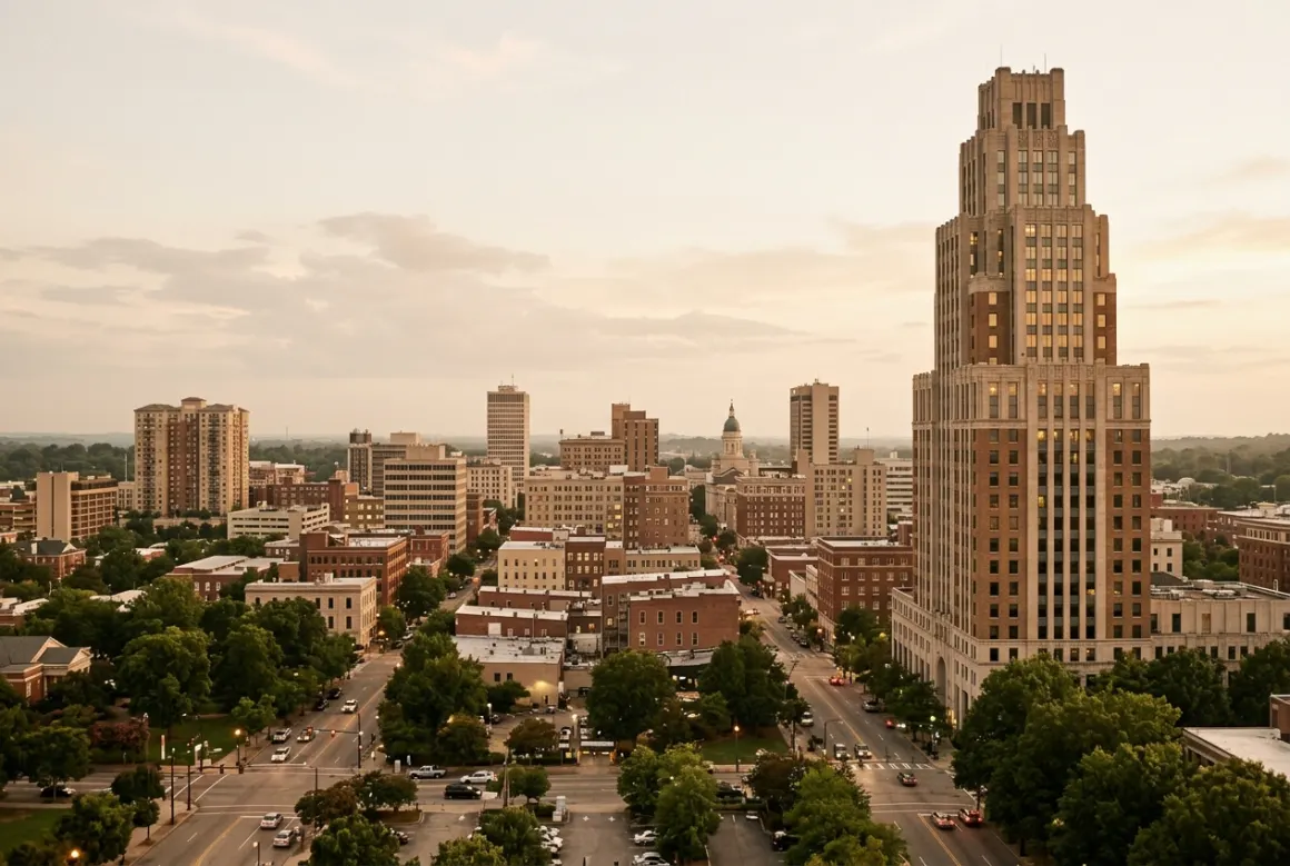 Downtown skyline with a stepped office tower at golden hour