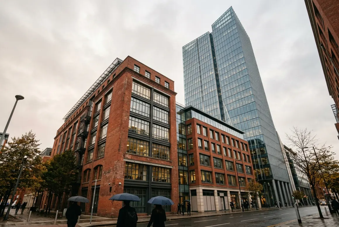 Glass and brick office towers seen from street level