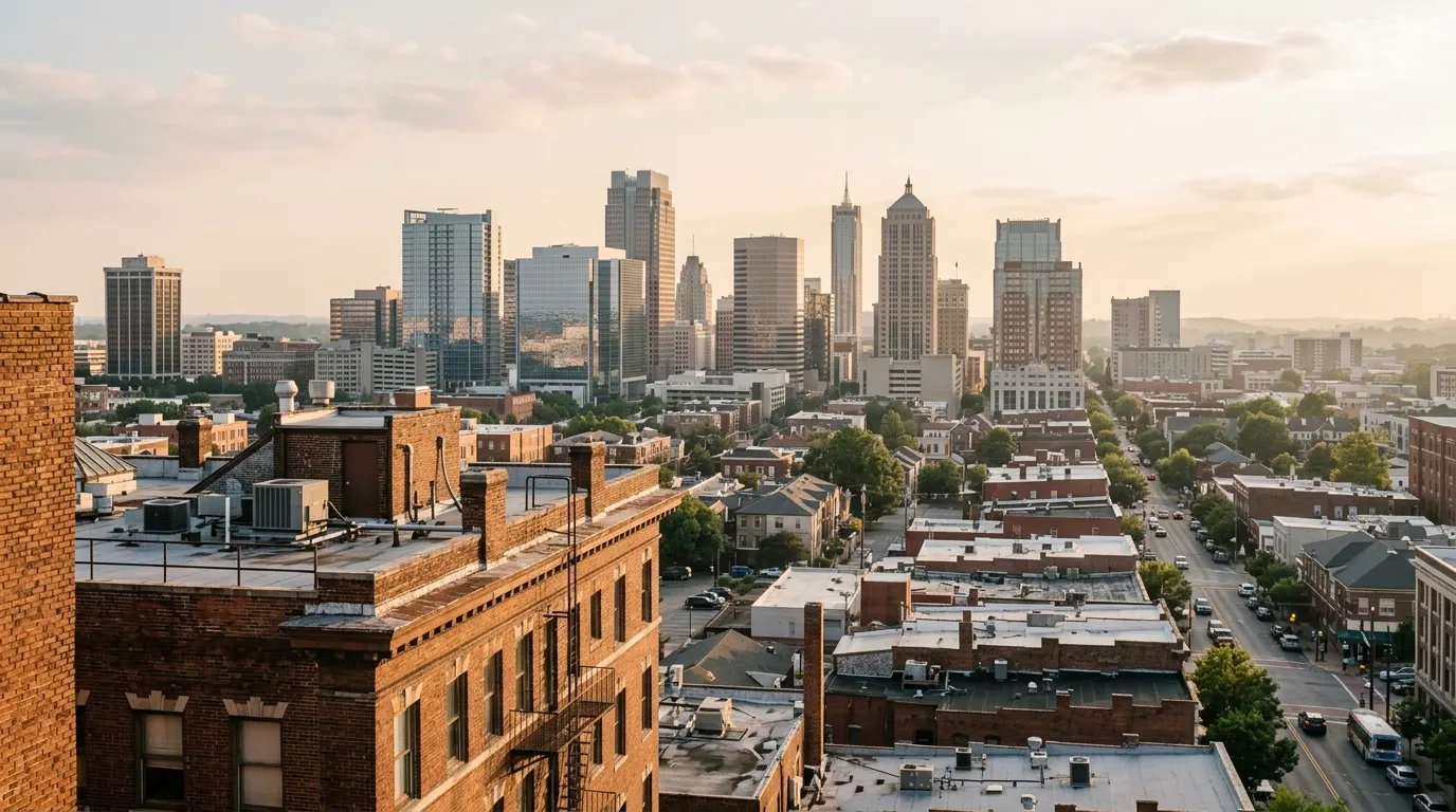 Rooftops and office towers of an uptown city district in late afternoon light