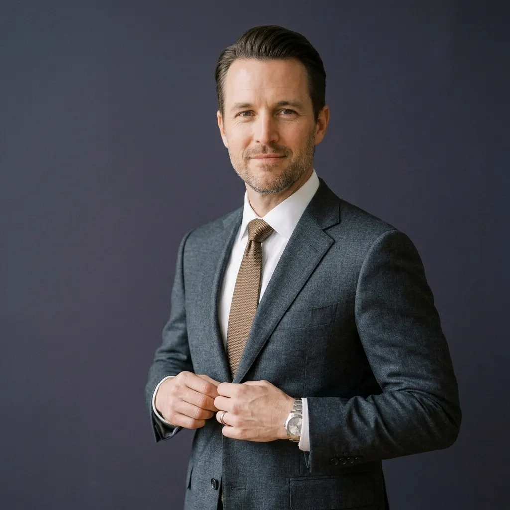 Julian Pruitt fastening his jacket button against a slate backdrop