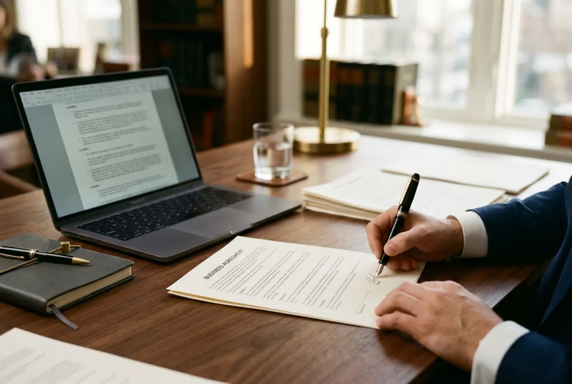 Hands signing a business agreement at a walnut desk beside a laptop