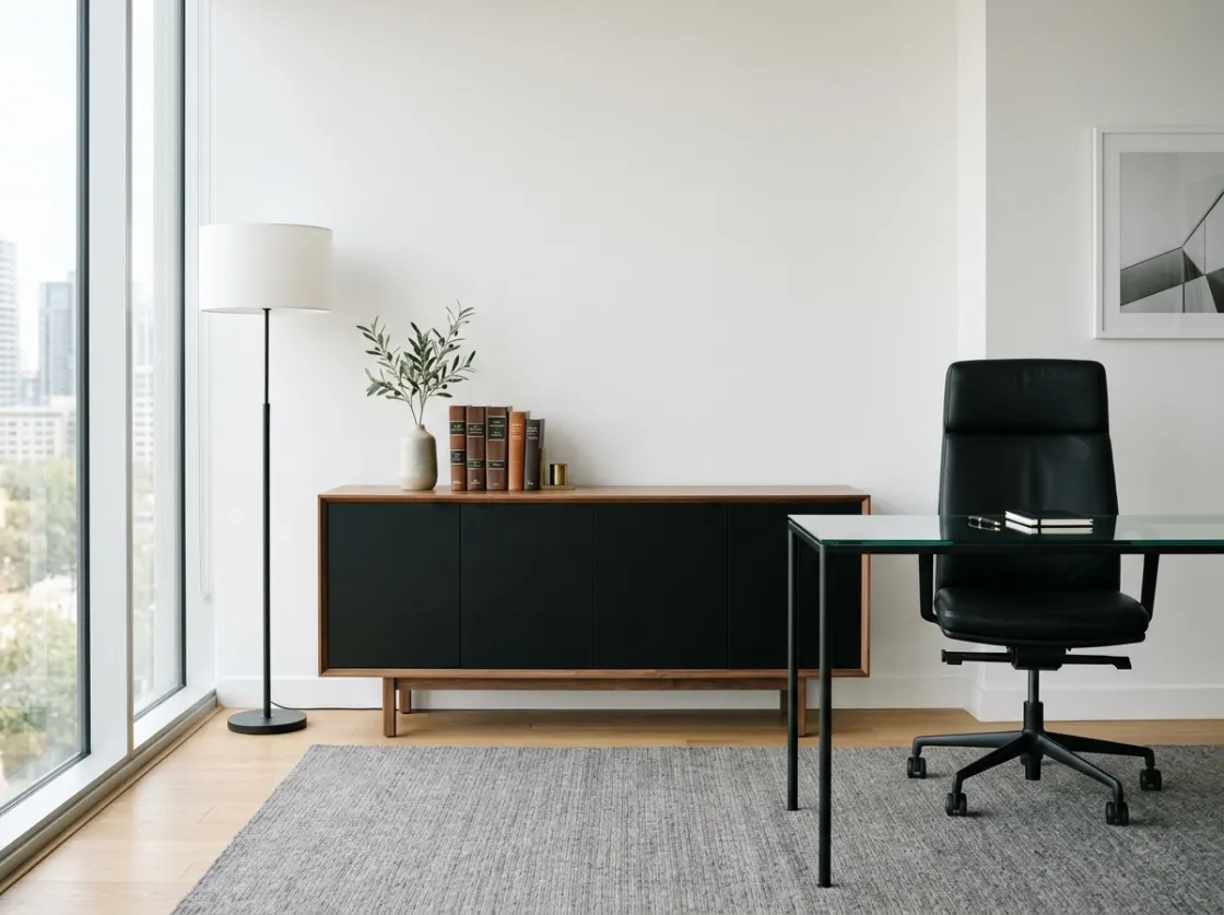 A quiet law office with a walnut credenza, glass desk and leather chair