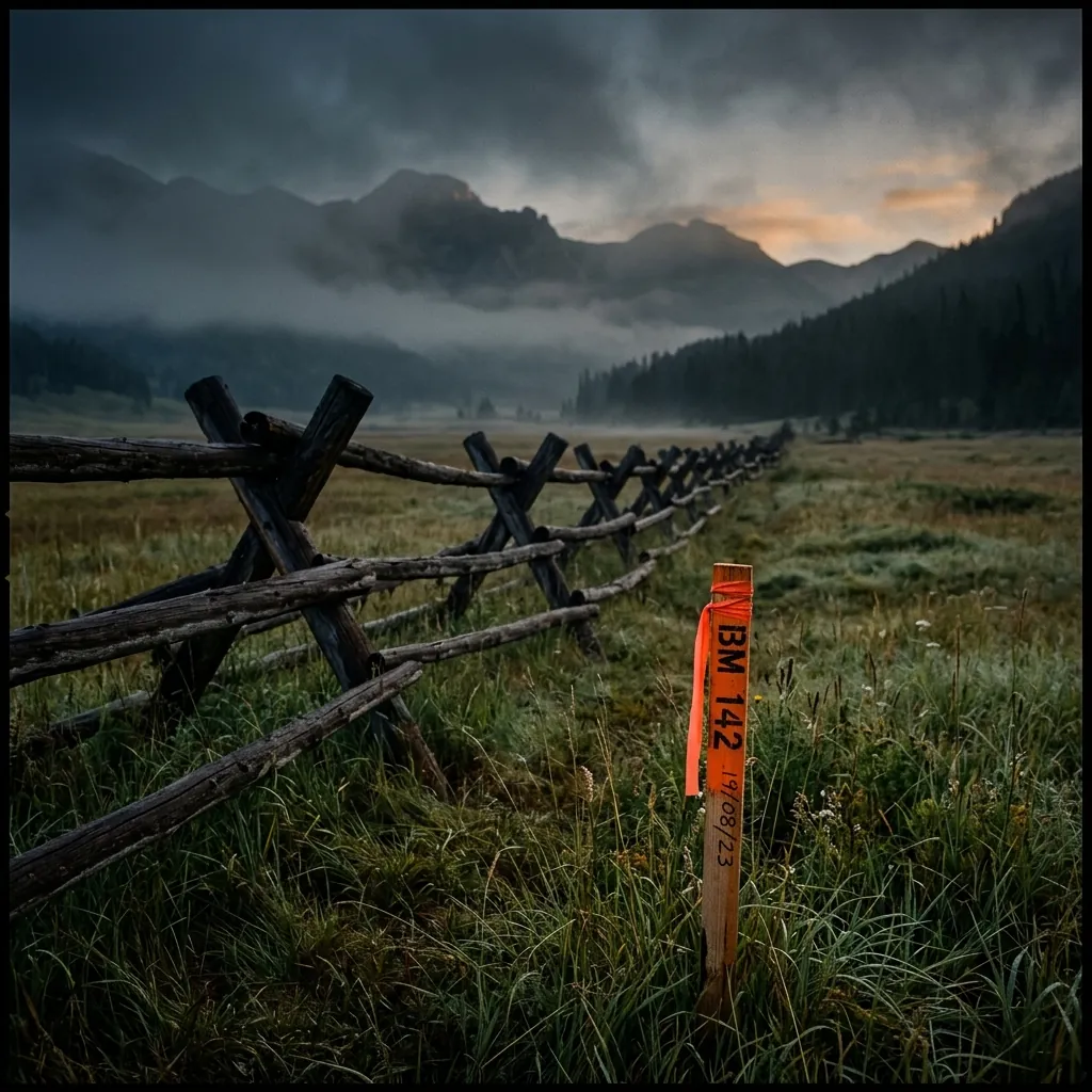 A split-rail fence crossing a misty meadow with an orange survey stake