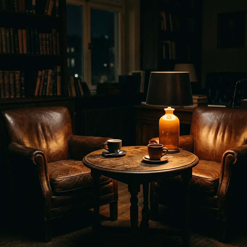 Two leather chairs facing each other across a small wooden table