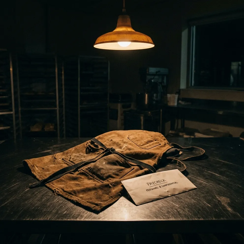 A canvas work apron and a paycheck envelope on a steel counter