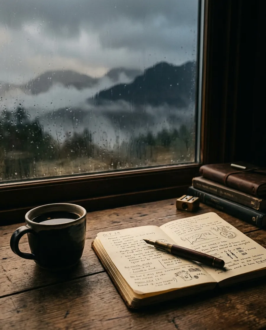 A notepad, pen and coffee on a desk beside a misty window