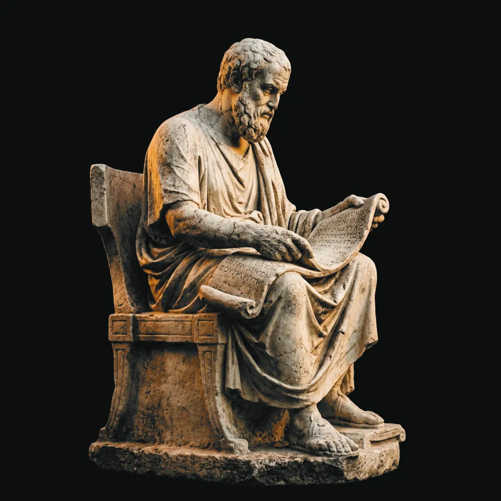 A marble statue of a seated scholar reading a scroll