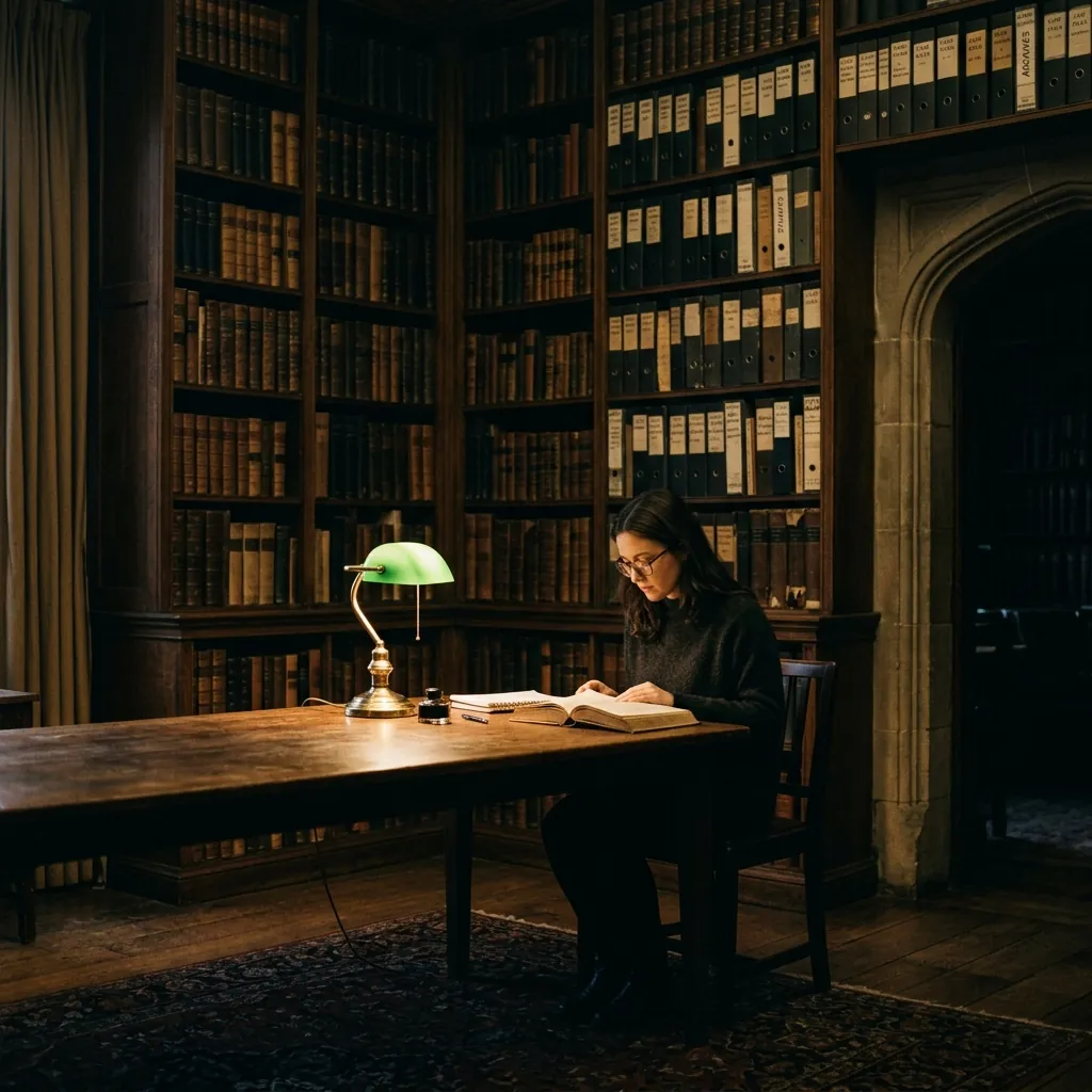 A quiet reading room lined with shelves of case binders