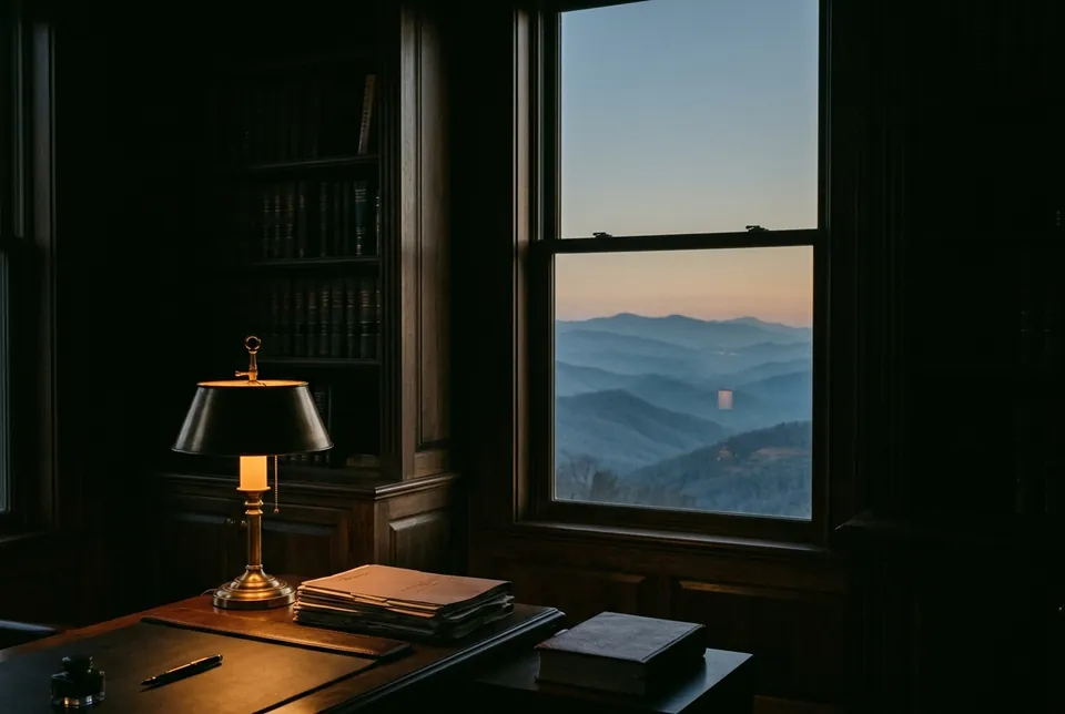 A wood-paneled office at dusk with a window looking out over the Blue Ridge