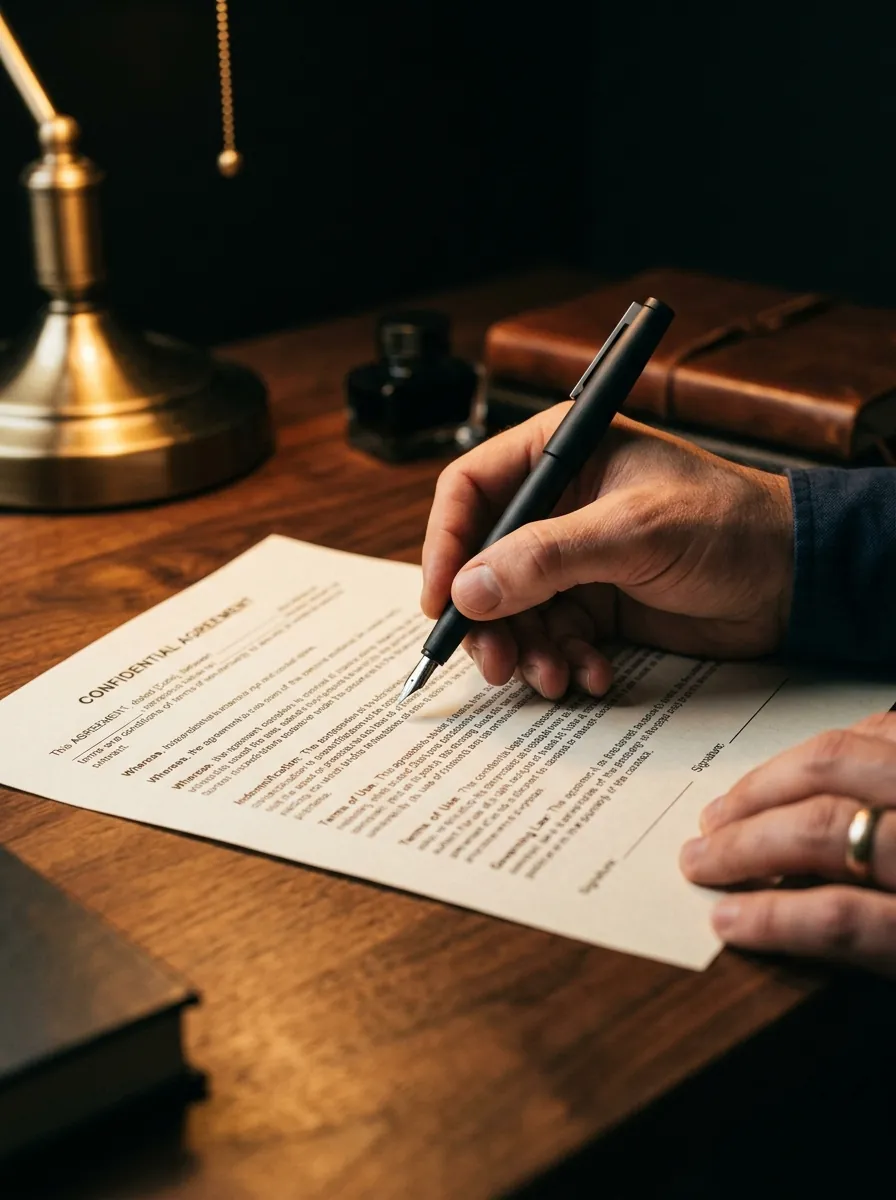 A hand signing a printed agreement with a fountain pen on a walnut desk