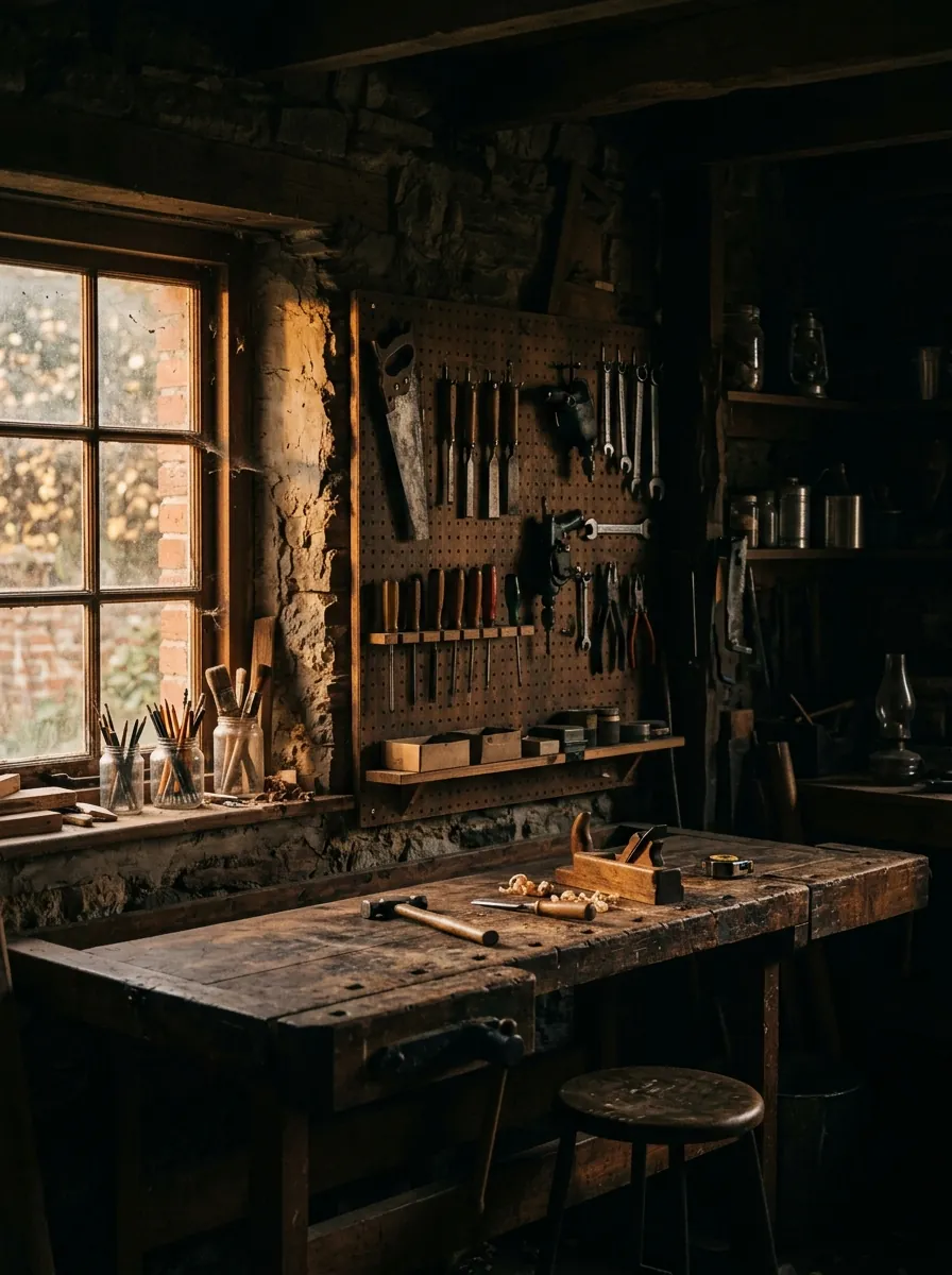An empty wooden workbench with hand tools on a pegboard