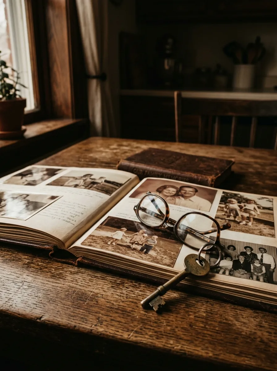An open family photo album with reading glasses and an old brass key