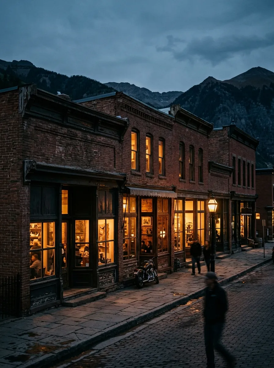 A row of brick storefronts glowing at dusk in a mountain town