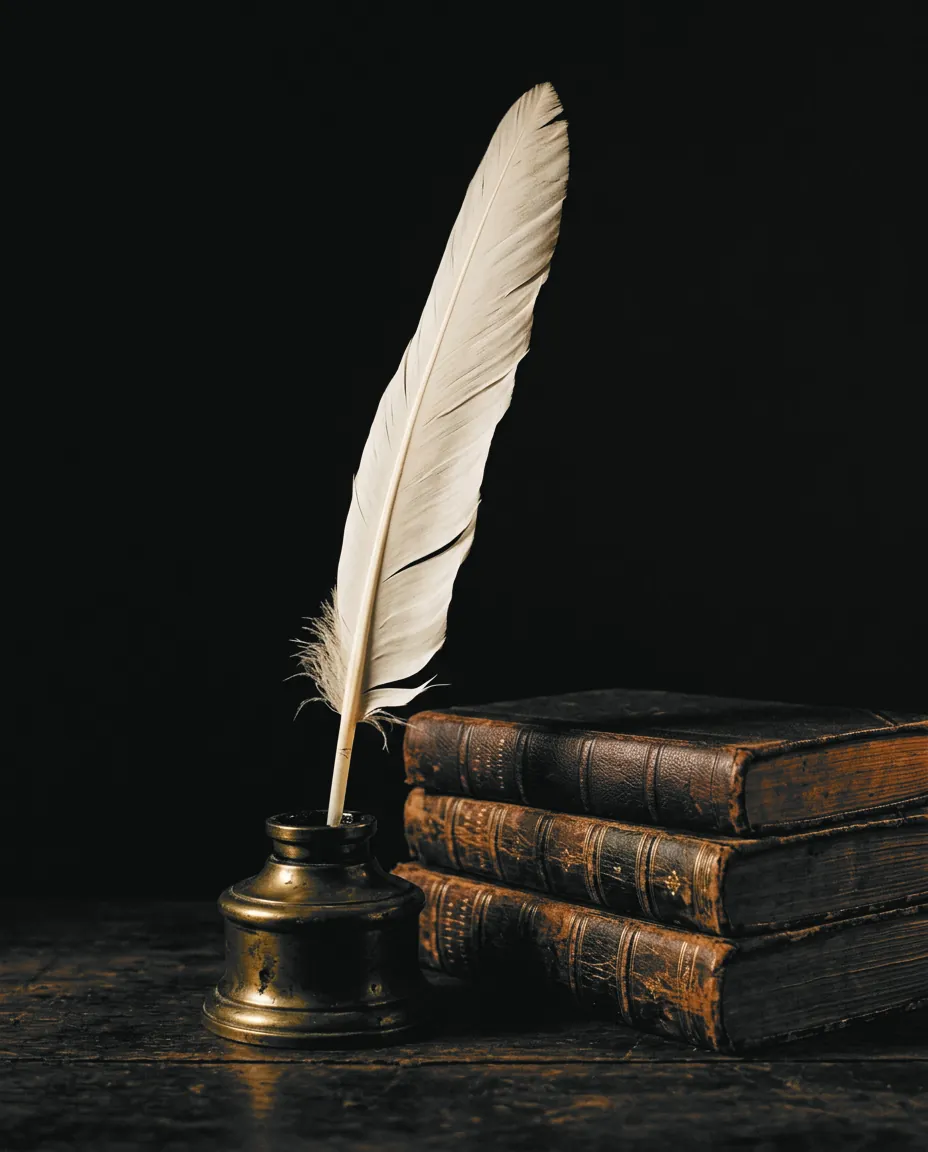 A white feather quill in a brass inkwell beside old leather books