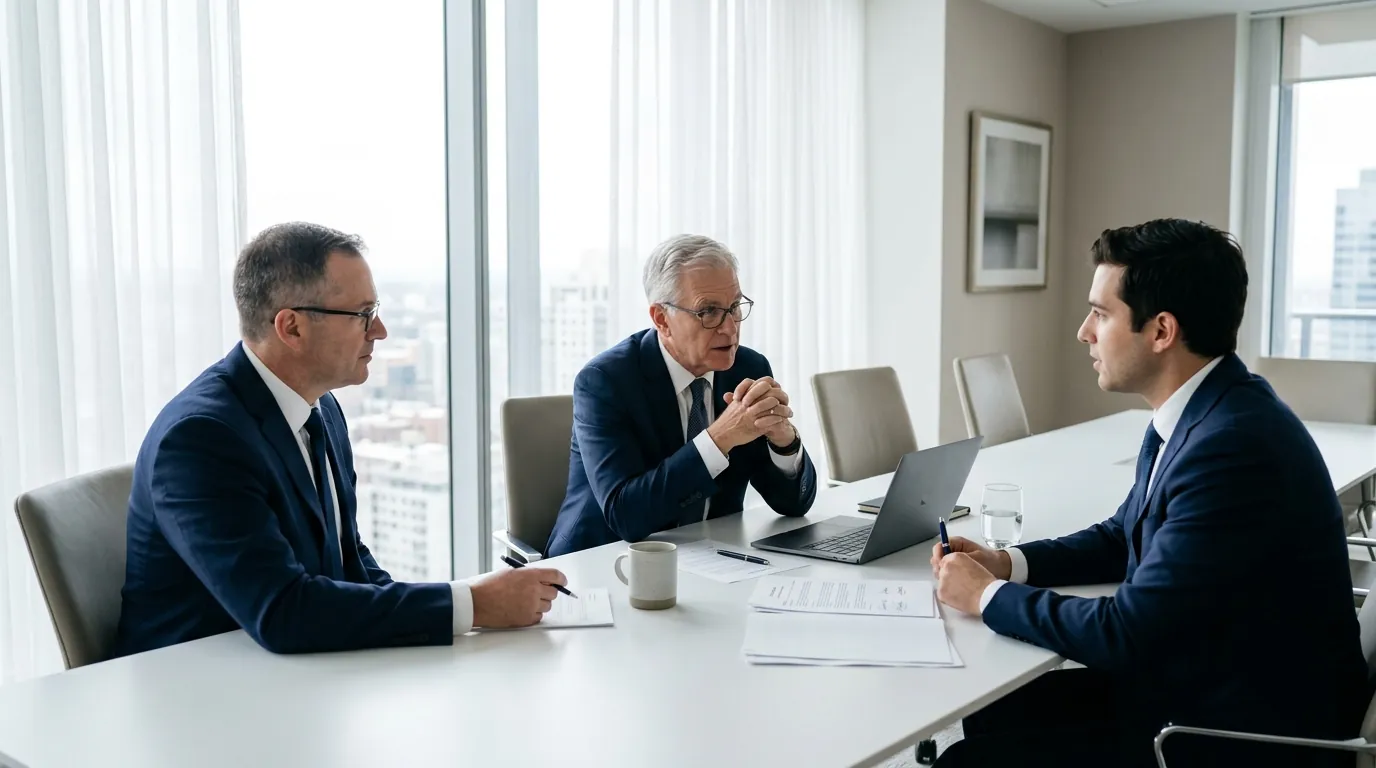 Three attorneys reviewing documents in a bright meeting room