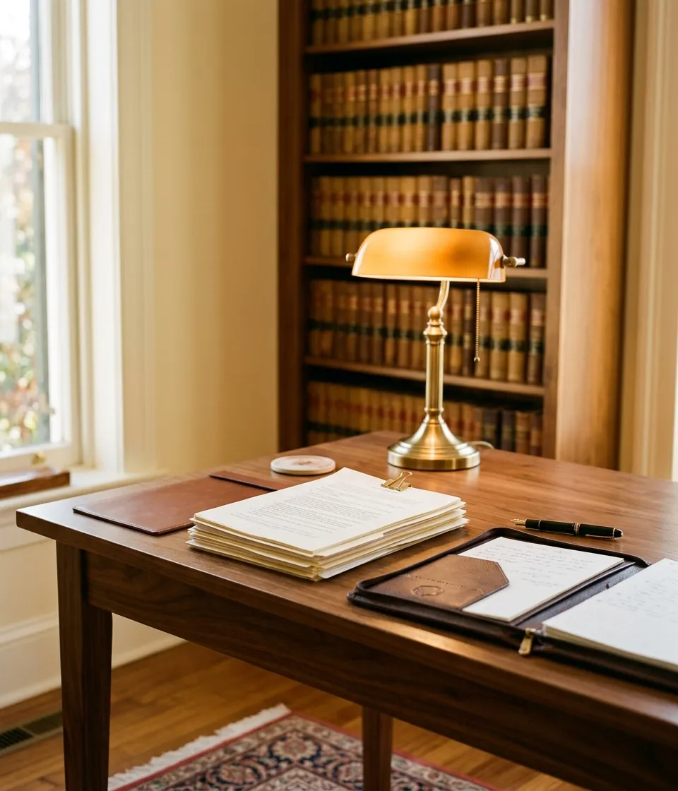 A walnut desk with contracts, a fountain pen and a brass lamp in the Denver office