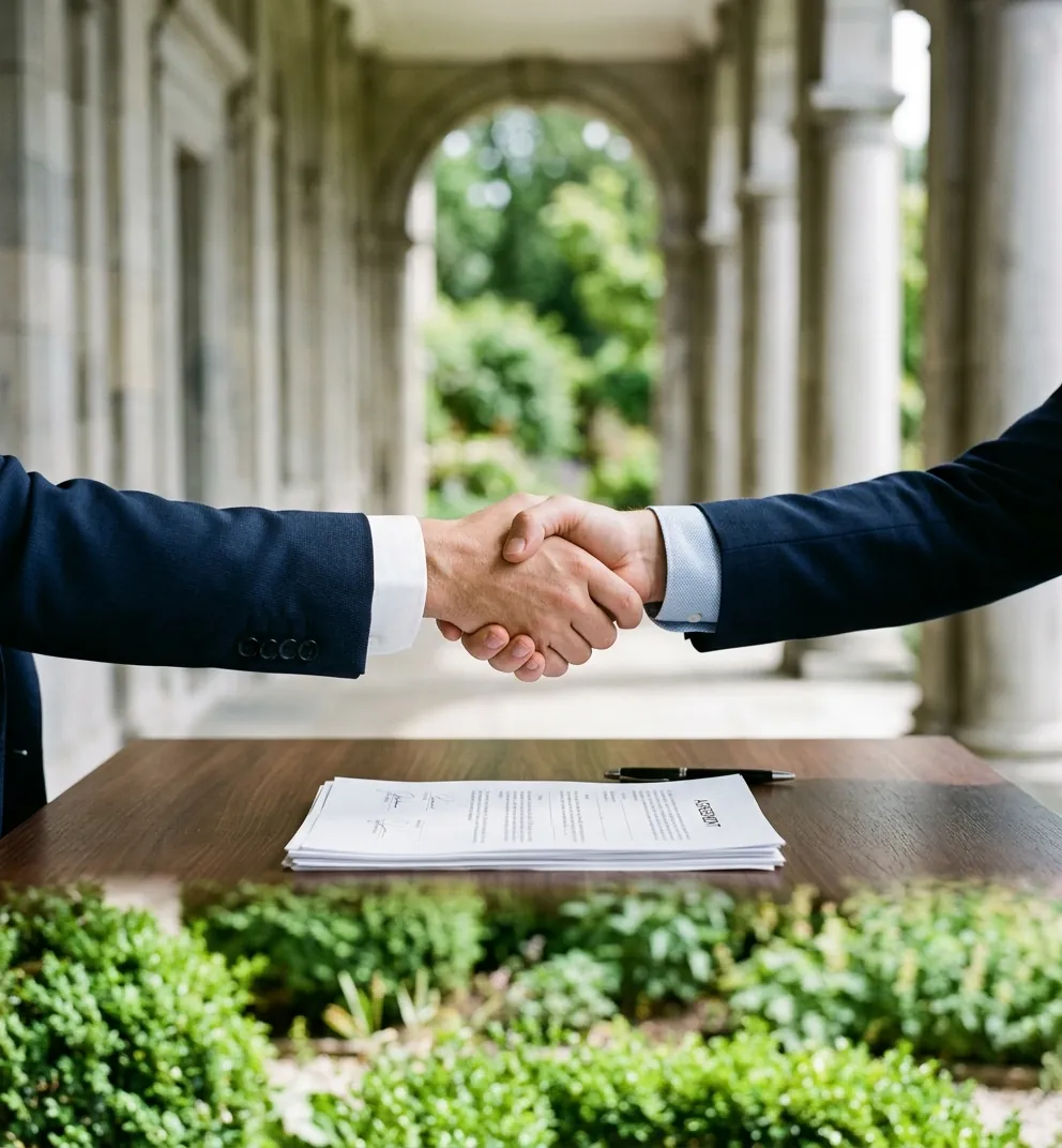 Two business people shaking hands in front of a stone colonnade