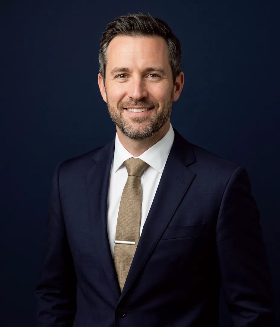 Elias Brandt, business attorney, in a navy suit and tan tie
