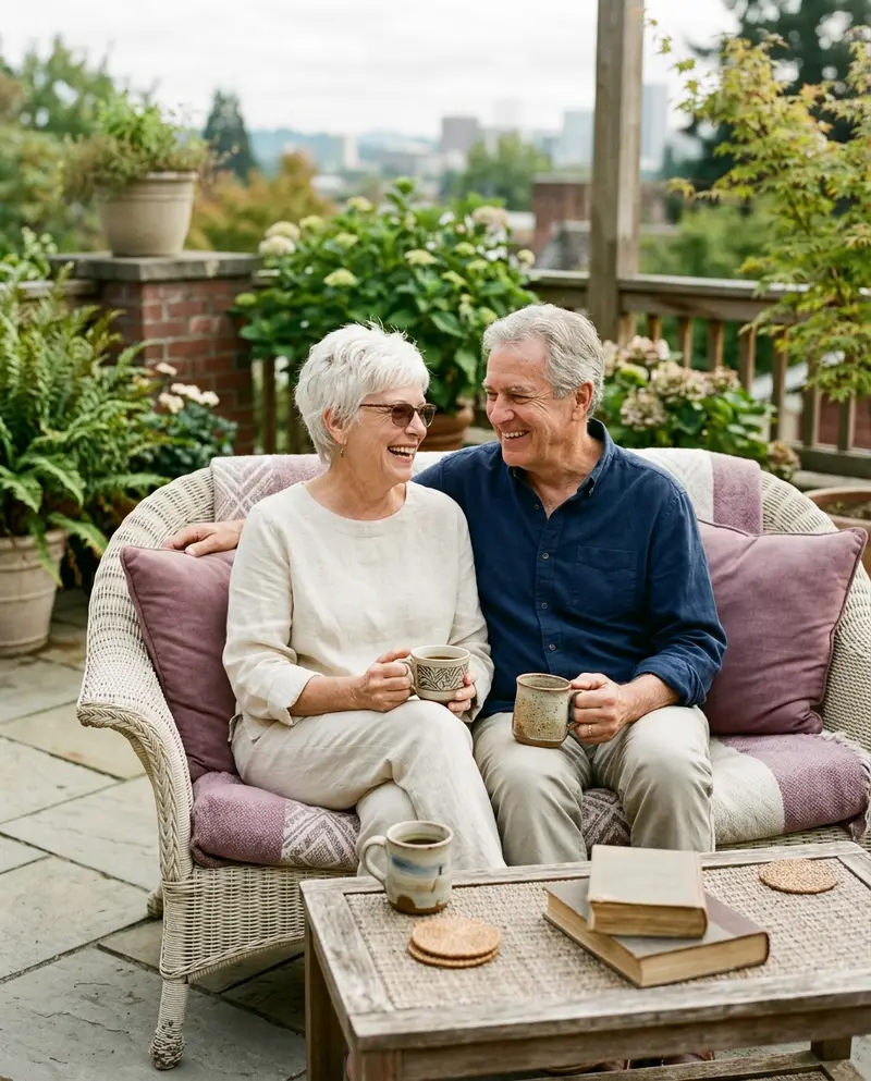 Older couple with coffee cups on a wicker patio sofa