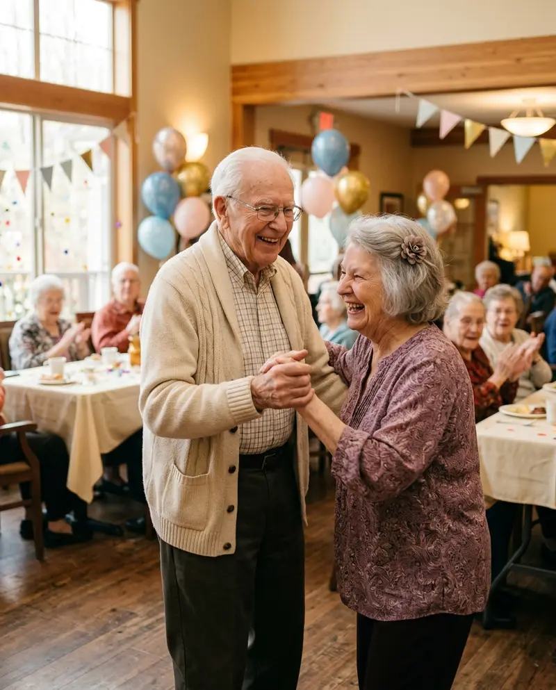 Two residents dancing at a party in the activity room