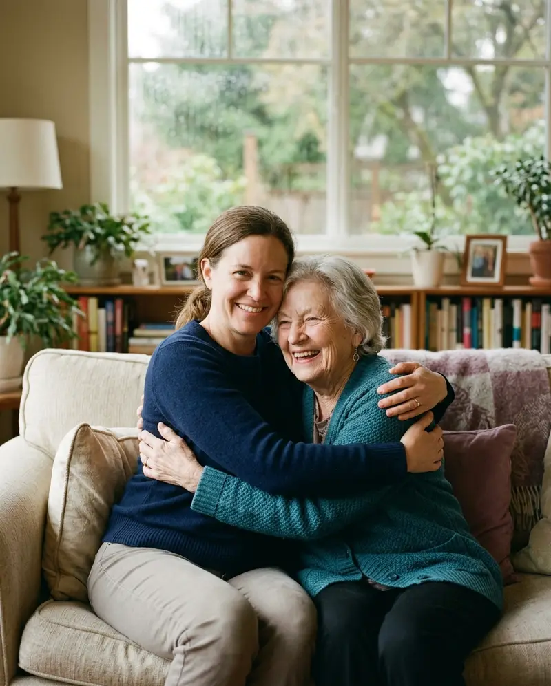 Caregiver hugging a smiling older woman on her living room sofa