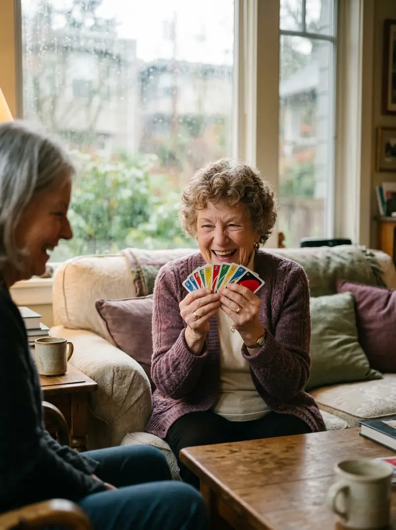 Smiling resident holding a hand of playing cards on a sofa