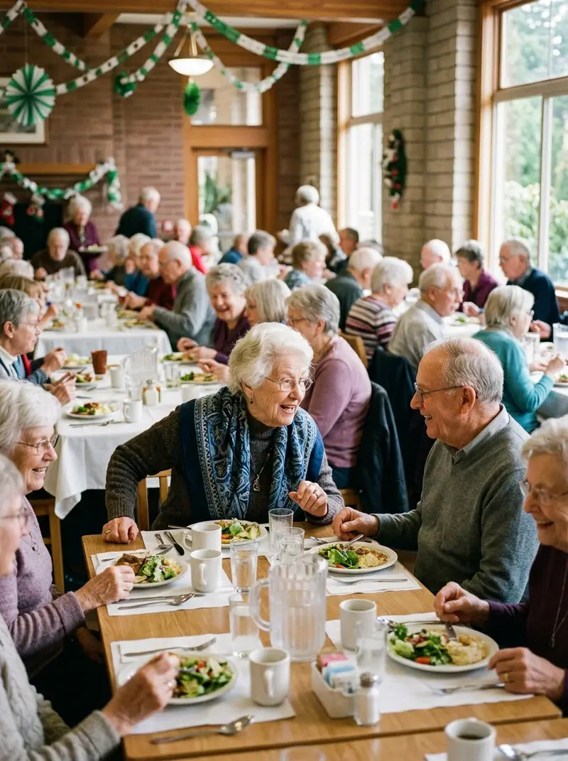 Residents sharing a busy lunch in a bright dining hall