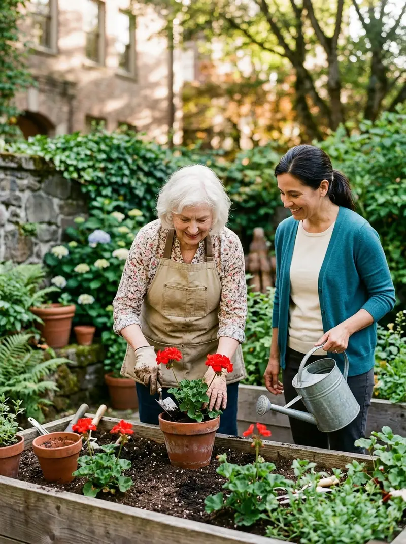 Resident potting red geraniums with a caregiver in a courtyard garden