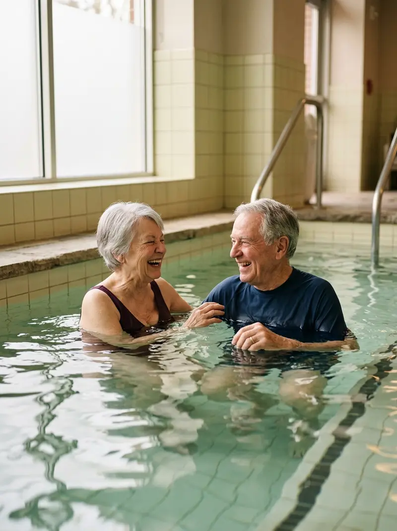 Two residents laughing together in a warm indoor pool
