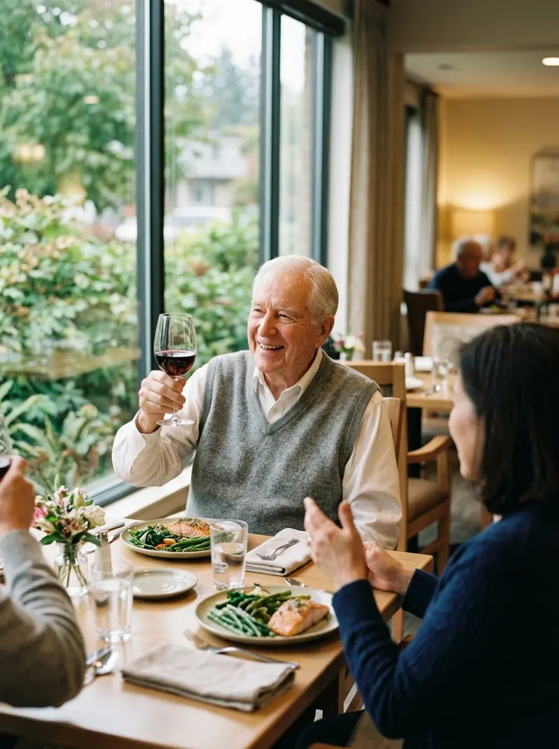 Resident raising a glass of red wine at lunch by a garden window