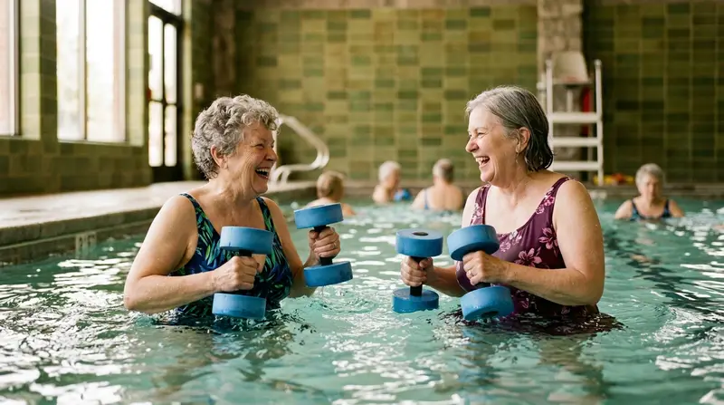 Two women exercising with foam weights in a warm pool