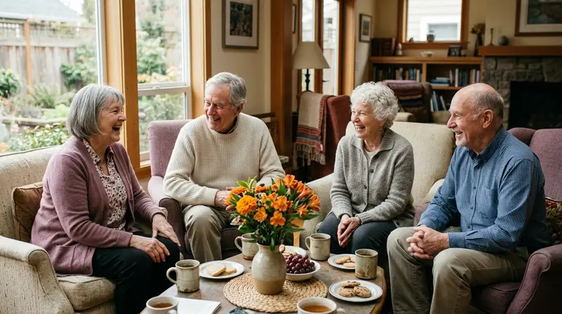Four residents chatting around a coffee table with orange flowers