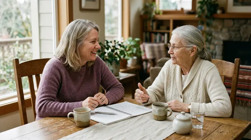 Daughter and her mother talking over coffee and a notepad