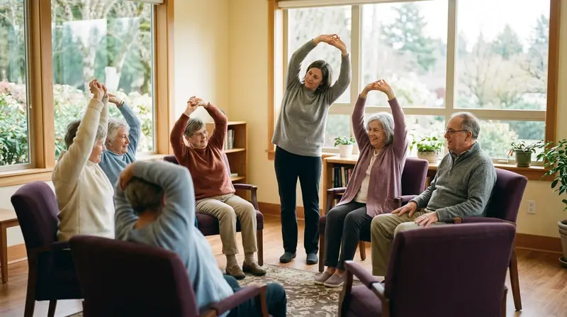 Residents stretching in a seated class by large windows
