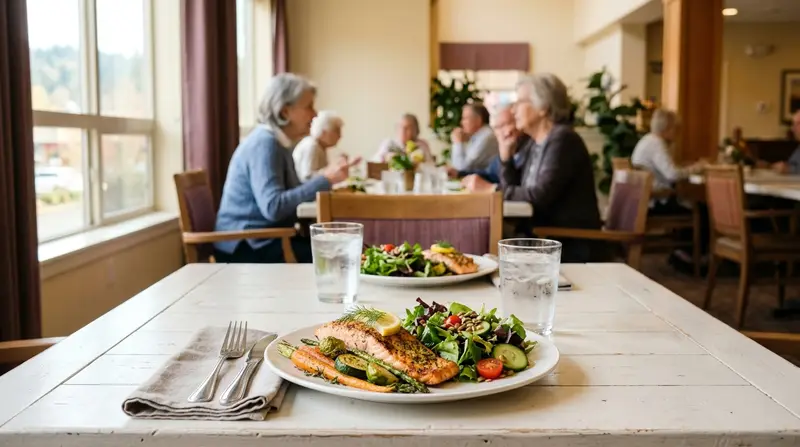 Plate of grilled salmon and salad on a dining room table