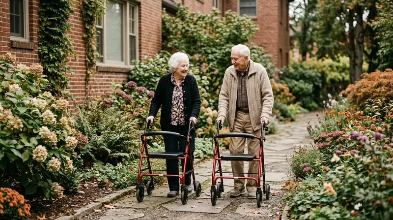 Older couple walking with red rollators along a garden path