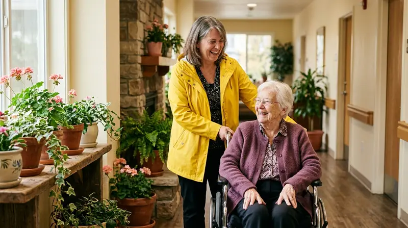 Volunteer in a yellow raincoat with a smiling resident in a wheelchair