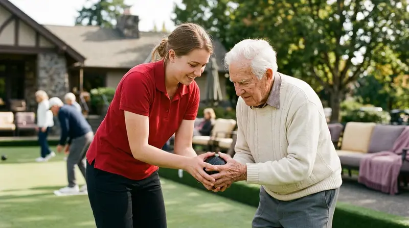 Young volunteer helping an older man hold a lawn bowling ball