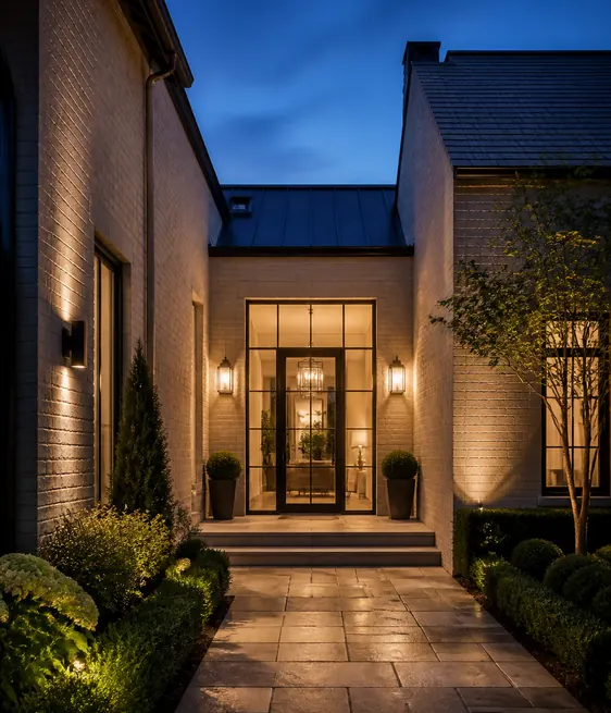 Lit entrance courtyard of a modern Brightwater home at dusk