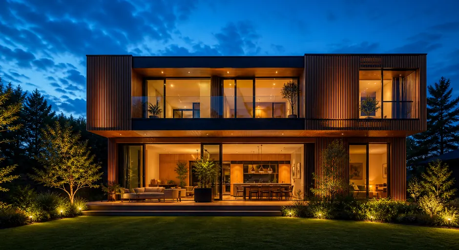 Front elevation of Cedarline Terrace at twilight with warm interior light