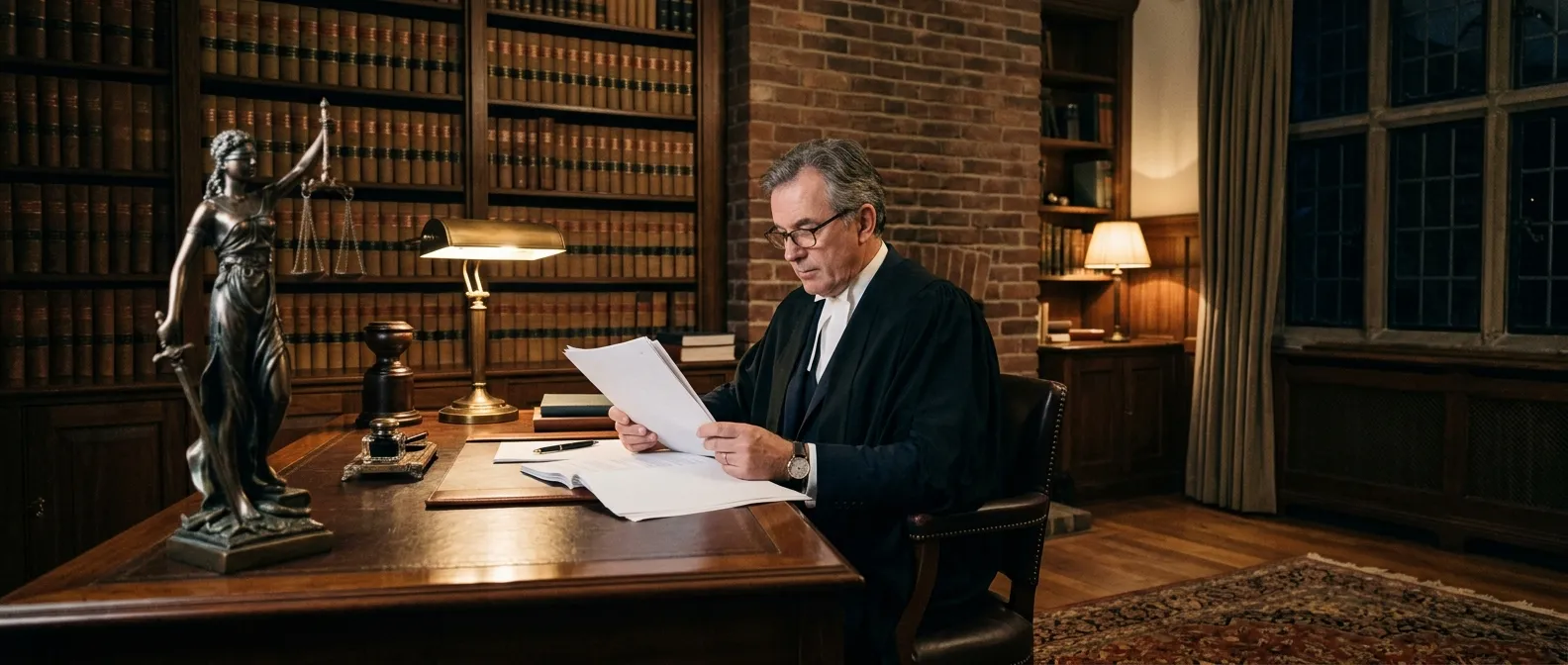 An attorney reading papers at a wooden desk beside a bronze statuette of Justice