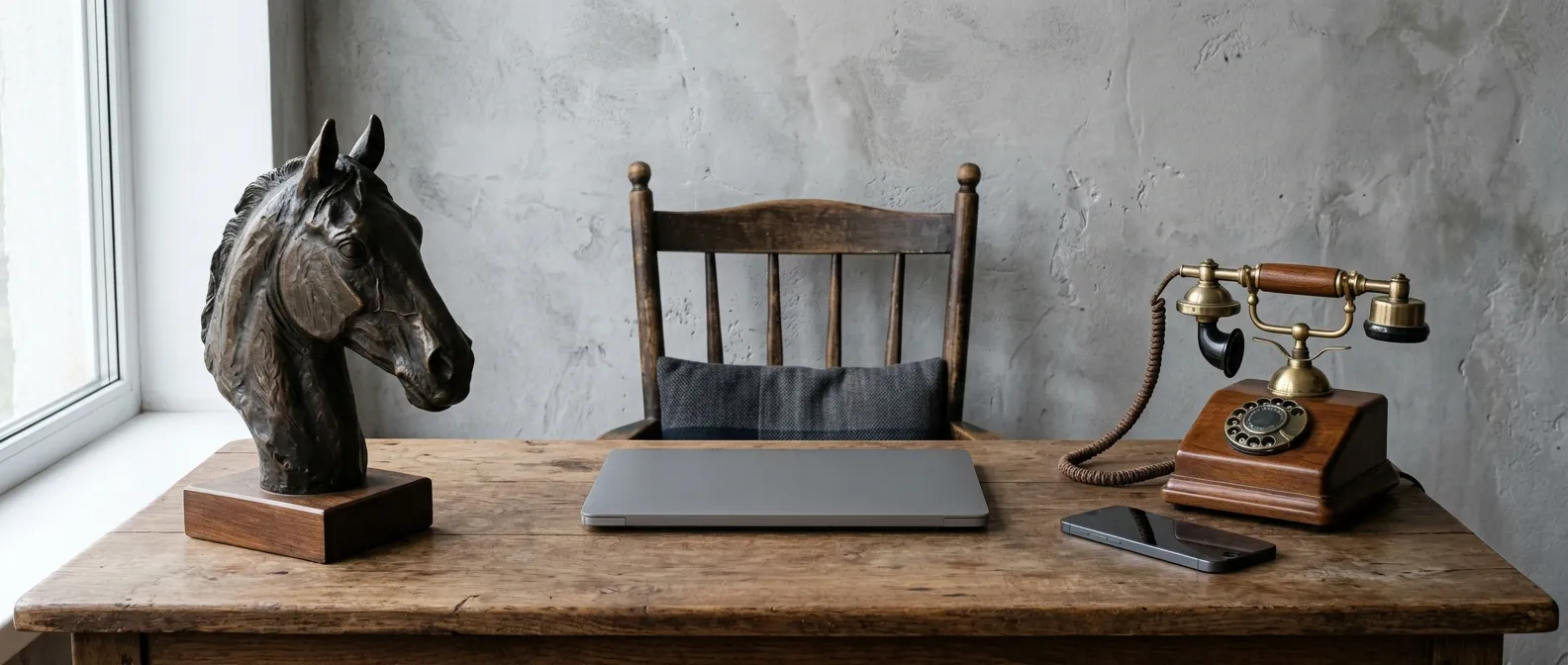 A bronze horse head, a closed laptop and a vintage telephone on a wooden desk