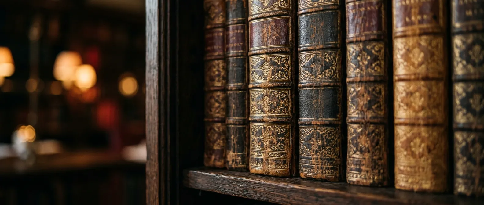 Antique leather-bound law books on a wooden shelf