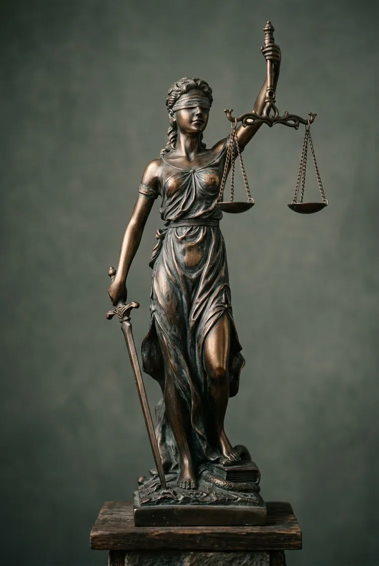 Bronze statue of Justice holding raised scales