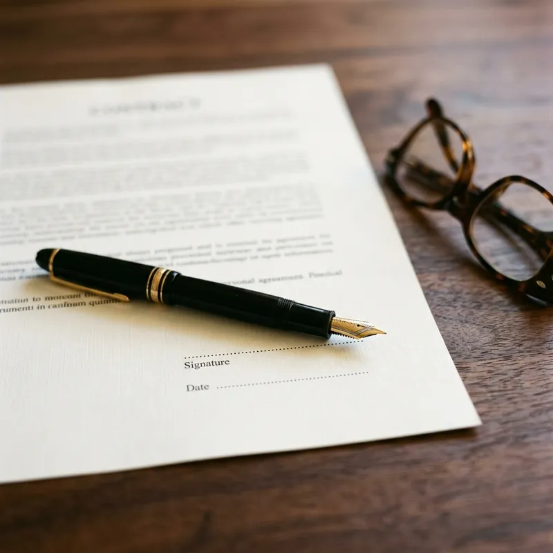 Printed agreements, a fountain pen and a leather folio on a dark wooden desk